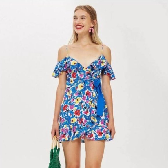Topshop Dresses & Skirts - Topshop cold shoulder blue floral wrap mini dress
